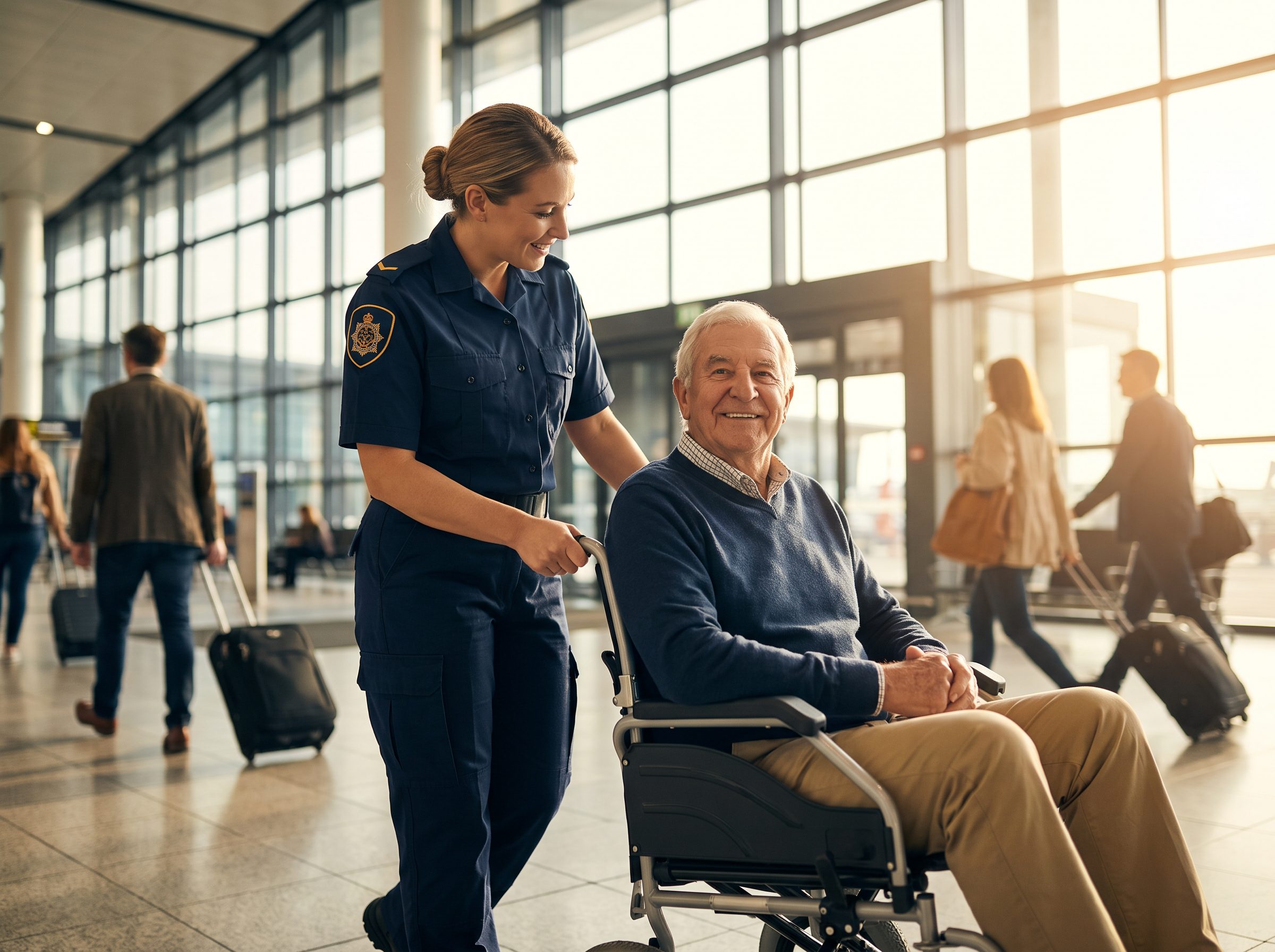 A uniformed medical escort calmly assisting a patient through an airport terminal